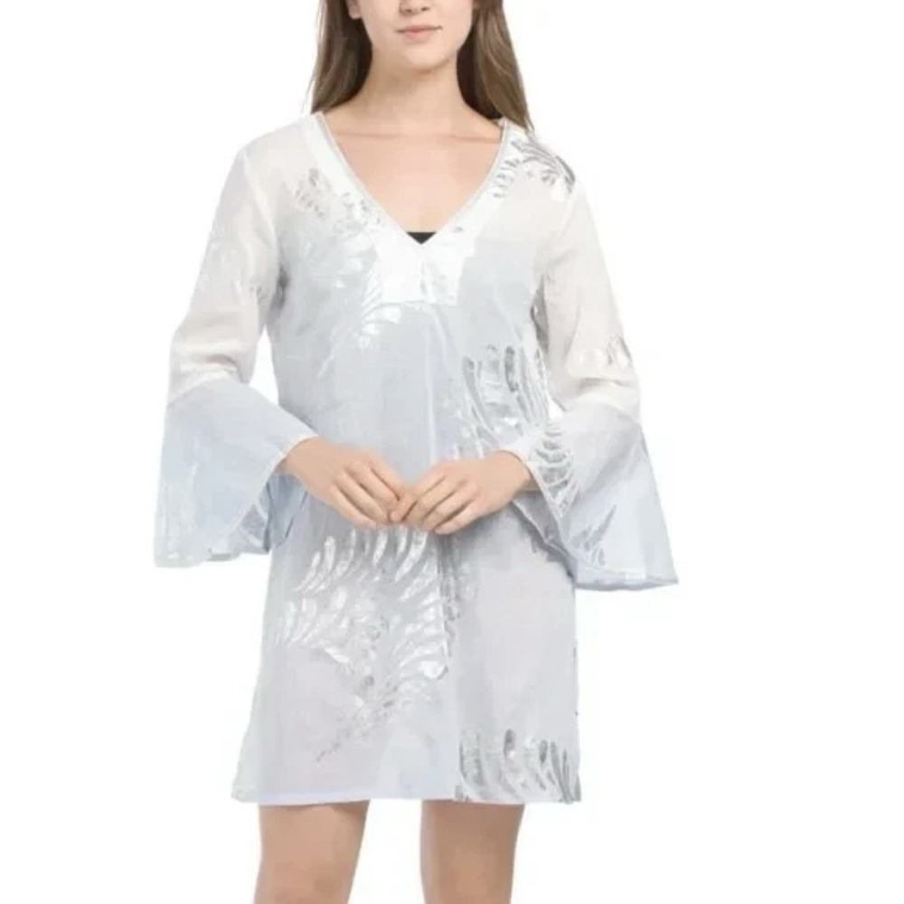 DEBBIE KATZ Pale Blue Moira Silver Metallic Mini Dress Beach‎ Cover-up Tunic XS